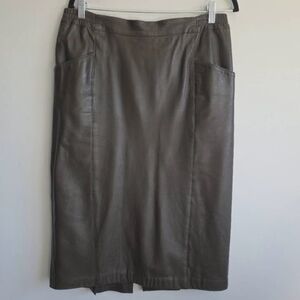 Classic Gray Leather Midi Skirt with Front Pockets